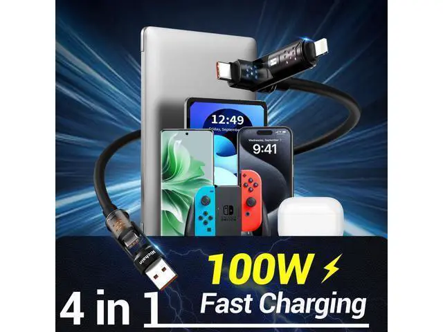 Alt view image 3 of 5 - Hichain 100W 4-in-1 Multi Charging Cable, USB C to Lightning Cable, with Light for iPhone 17-15 Series Fast Charging, Chubby USB A/C to C/Lightning Charging Cord - 6 FT