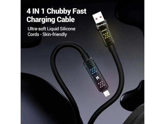 Alt view image 4 of 5 - Hichain 100W 4-in-1 Multi Charging Cable, USB C to Lightning Cable, with Light for iPhone 17-15 Series Fast Charging, Chubby USB A/C to C/Lightning Charging Cord - 6 FT