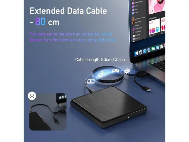 Alt view image 2 of 5 - USB CD/DVD External Drive, USB 3.0 and Type-C External CD/DVD Drive for Laptop, CD ROM External Drive for PC with Extended Data Cable, Portable CD Burner DVD Reader for Laptop Windows Linux Mac OS
