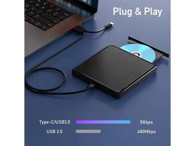 Alt view image 3 of 5 - USB CD/DVD External Drive, USB 3.0 and Type-C External CD/DVD Drive for Laptop, CD ROM External Drive for PC with Extended Data Cable, Portable CD Burner DVD Reader for Laptop Windows Linux Mac OS
