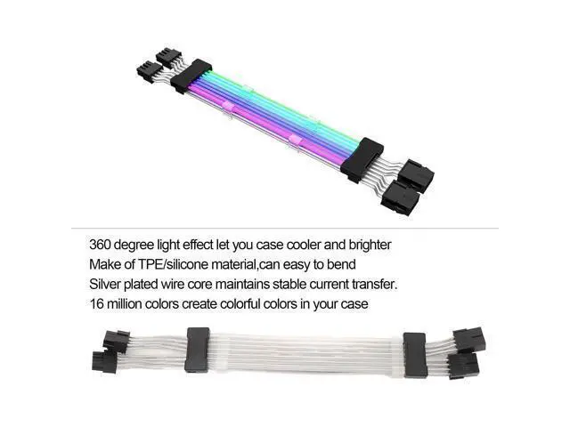 Alt view image 3 of 5 - 2x8 Pin RGB GPU Cable, RGB PSU Cables Extensions, 5V 3Pin 4 Sided ARGB GPU Power Extension Cable Black, 360 Illumination, Programmable Custom 16 Million Colors