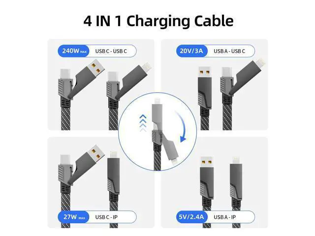 Alt view image 2 of 5 - 4 in 1 Charging Cable 240W MAX, USB C Cable Fast Charger Cord with E-Mark Chip, USB A/C to C/Lightning Cable, Multi iPhone Charger Cord for iPhone16/15/14/13 Series/Phones/Pads and Laptop