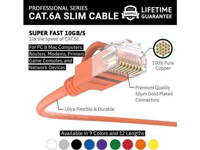 Alt view image 2 of 5 - InstallerParts Ethernet Cable CAT6A Slim Cable UTP Booted 1 FT (10 Pack) - Orange - Professional Series - 10Gigabit/Sec Network/High Speed Internet Cable, 550MHZ, 28AWG
