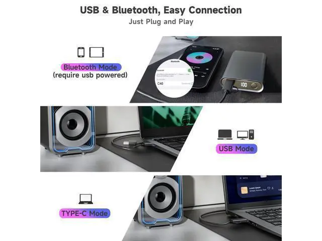 Alt view image 3 of 5 - SOULION 2.0 Computer Speakers, 10W USB-Powered Bluetooth Wired PC Speakers with Easy-Control Pod for Desktop, Tiny Desk Soundbar with 5 Mirror-Like LED Light Modes for Monitor Laptop - Black