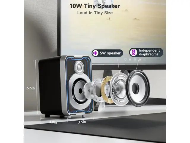 Alt view image 5 of 5 - SOULION 2.0 Computer Speakers, 10W USB-Powered Bluetooth Wired PC Speakers with Easy-Control Pod for Desktop, Tiny Desk Soundbar with 5 Mirror-Like LED Light Modes for Monitor Laptop - Black