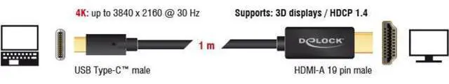 Alt view image 2 of 3 - Delock Cable DP Old Fashion 4 K 30Hz USB Type C Male > HDMI Male 1 m Black