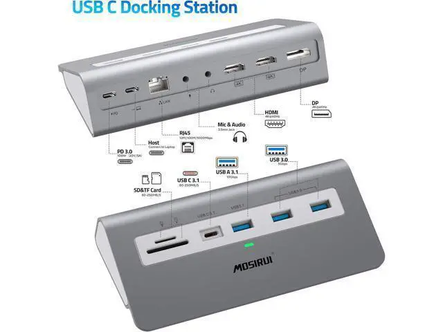 Alt view image 2 of 7 - USB C Laptop Docking Station Dual Monitor,Mosirui 14 in1 USB Hub Multiport Adapter with Dual 4K HDMI+DP, 10Gbps USB A/C 3.1 and 2 USB 3.0,100W PD, 3.9 ft Cable, Laptop Dock for Dell/HP/Windows/Mac