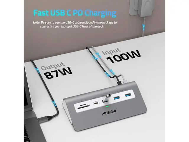 Alt view image 4 of 7 - USB C Laptop Docking Station Dual Monitor,Mosirui 14 in1 USB Hub Multiport Adapter with Dual 4K HDMI+DP, 10Gbps USB A/C 3.1 and 2 USB 3.0,100W PD, 3.9 ft Cable, Laptop Dock for Dell/HP/Windows/Mac