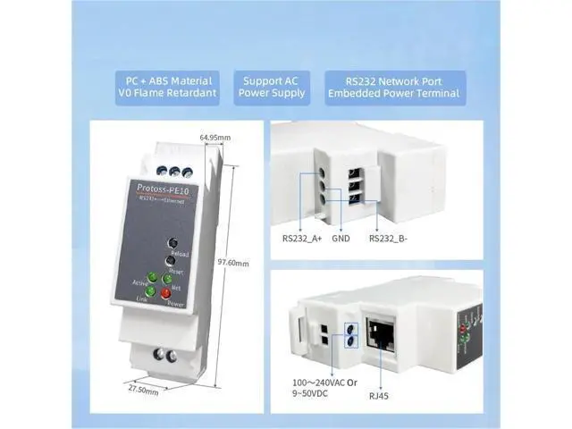 Alt view image 6 of 7 - DIN-Rail Serial Port RS232 to Ethernet Converter Device Server Protoss-PE10 Support Modbus MQTT(PE10-M UK Adapter)