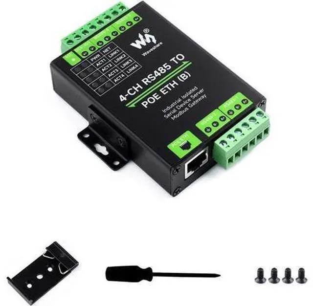 Main image of Industrial Isolated 4-Ch RS485 to RJ45 Ethernet Serial Server Adapter Support Modbus Gateway/MQTT/JSON Bi-Directional Transparent Transmission ETH to RS485 Rail-Mount Serial Module PoE Ethernet Port