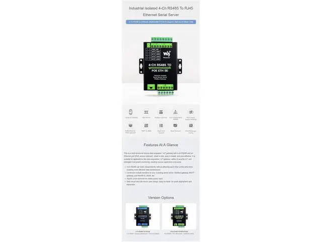 Alt view image 5 of 7 - Industrial Isolated 4-Ch RS485 to RJ45 Ethernet Serial Server Adapter Support Modbus Gateway/MQTT/JSON Bi-Directional Transparent Transmission ETH to RS485 Rail-Mount Serial Module PoE Ethernet Port