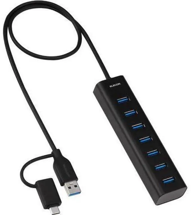 Main image of Elecom U3HC-T070SEBK USB Hub, USB-A Connection, 7 Ports, 5Gbps, Self-Powered Cable, 19.7 inches (50 cm), Aluminum Housing, Black