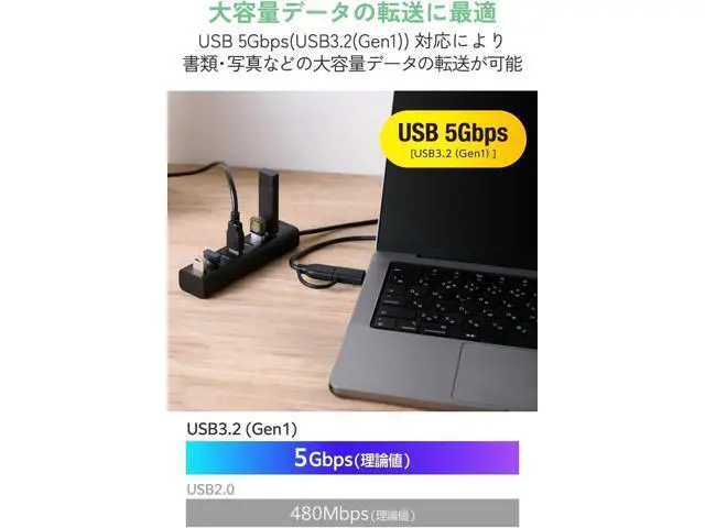 Alt view image 4 of 7 - Elecom U3HC-T070SEBK USB Hub, USB-A Connection, 7 Ports, 5Gbps, Self-Powered Cable, 19.7 inches (50 cm), Aluminum Housing, Black