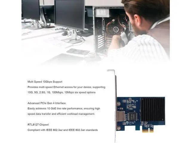 Alt view image 3 of 7 - 10G PCIe Network Card RTL8127 Chipset, 10 Gigabit Ethernet Adapter with PCI Express Gen 4 x1 Interface for Windows/Linux Servers & Desktop PCs