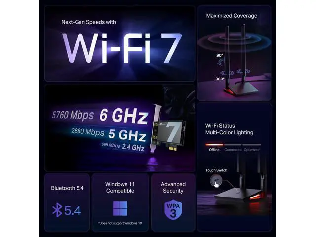 Alt view image 2 of 7 - TP-Link WiFi 7 BE9300 PCIe WiFi Card for Desktop PC(Archer TBE550E), Tri-Band Wireless Adapter, Bluetooth 5.4, Multicolor Status LED, Supports AMD/Intel, Not Compatible with Windows 10/Linux