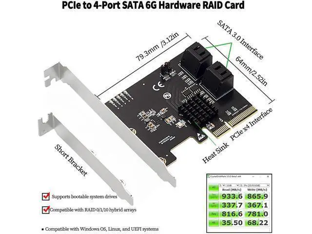 Alt view image 2 of 7 - PCIe X4 to 4-Port SATA 6Gbps RAID Controller Card, 9236 Chip SATA3.0 Expansion Adapter Supports RAID 0/1/10 4 SATA III Hard Drive PCI Express Card