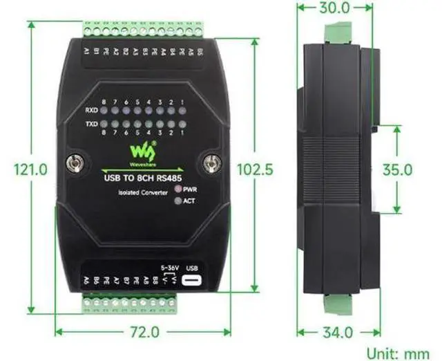 Alt view image 2 of 6 - Industrial Grade USB to 8CH RS485 Isolation Converter, USB to RS485 Adapter, Multi System Compatibility 35mm Standard Rail and Stacked Installation, Wall-Mount and Rail-Mount Support