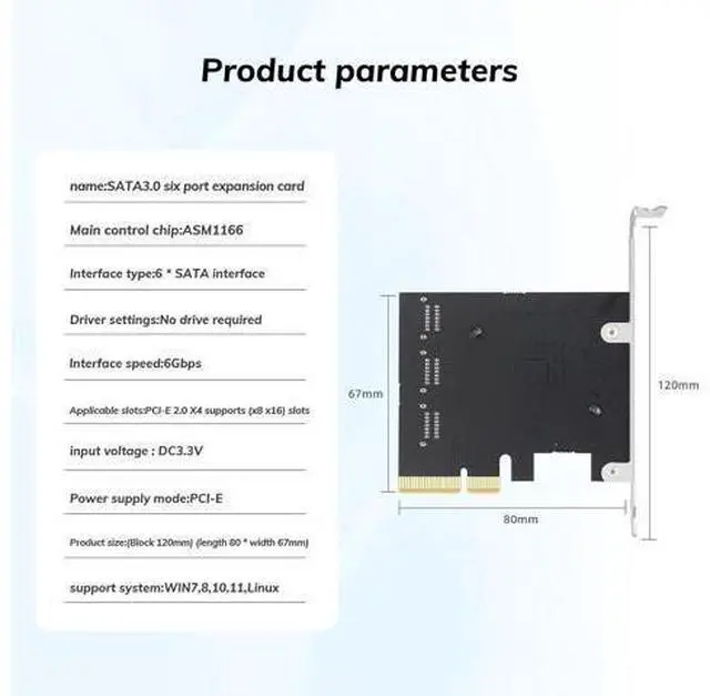 Alt view image 2 of 7 - 6 Port PCIe X4 to SATA 3.0 Expansion Card, Internal SATA Adapter for Desktop PC, Supports SSD/HDD Bootable System Drives, Plug and Play (Driver-Free)