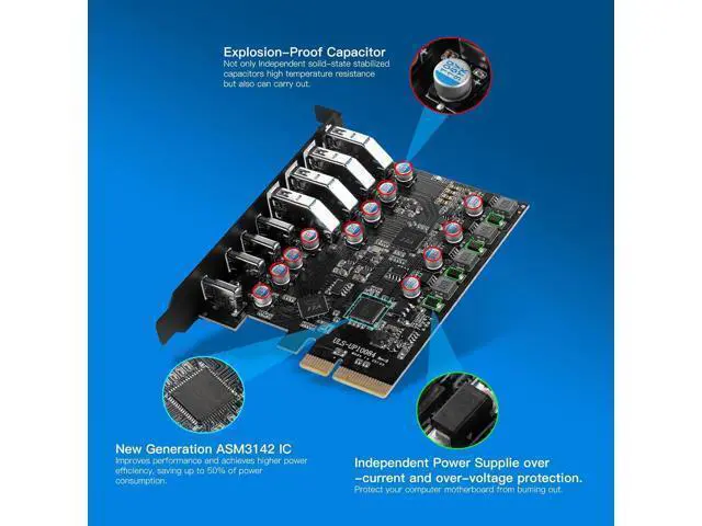 Alt view image 5 of 7 - 8-Port PCIe to USB3.2 Card Expansion 20Gbps 8 Ports 1 Type-C X 4 & 1 TypeA Splitter Adapter UsbC Controller Interface Ultra-Fast Expansion