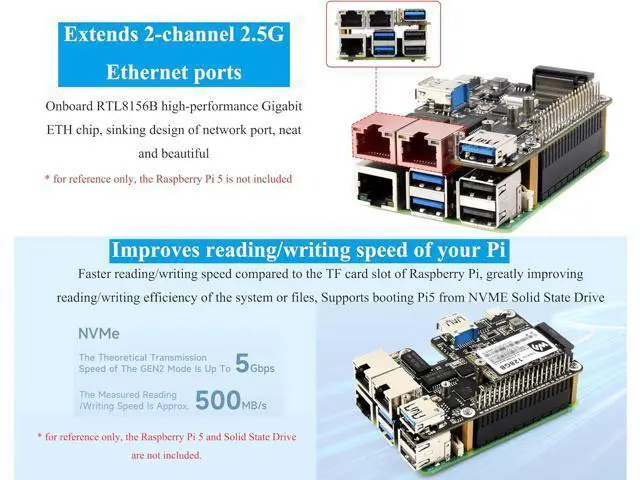Alt view image 5 of 7 - PCIe to USB 3.2 Gen1 /2.5G ETH/M.2 NVMe Adapter Compatible with Raspberry Pi 5, Supports 2230/2242/2260/2280 NVMe M.2 Solid State Drive,Dual 2.5G Ethernet Ports &Dual USB 3.2 Ports & M.2 NVMe Slot
