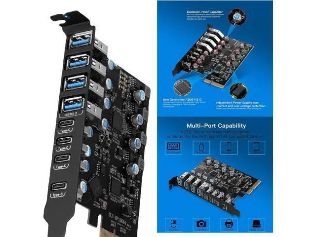 Alt view image 2 of 7 - 8-Port PCIe to USB3.2 Card Expansion 20Gbps 8 Ports 1 Type-C X 4 & 1 TypeA Splitter Adapter UsbC Controller Interface Ultra-Fast Expansion