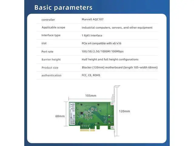 Alt view image 2 of 7 - 10GBASE-T Single Port Server Network Card, PCIe X4 Interface with Marvell AOC107 Chip, Gigabit Ethernet Adapter for Servers/Workstations