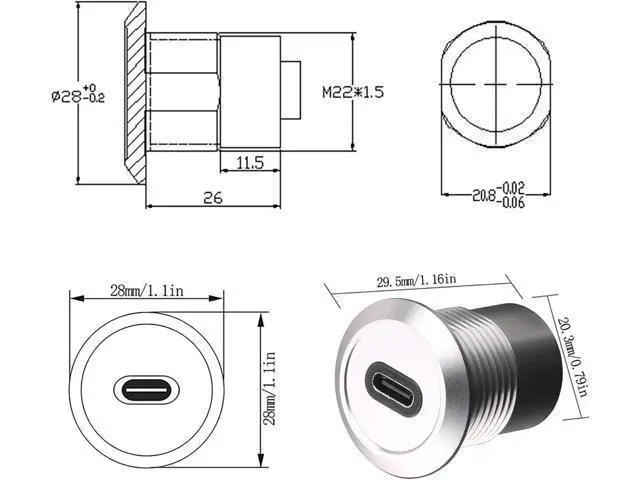 Alt view image 5 of 5 - USB USBC Type C Typec Female to Female F-F Panel Mount Extention Round Metal Adapter