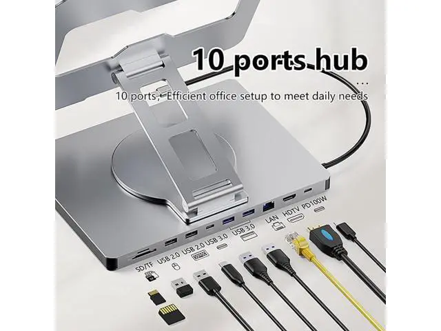 Alt view image 5 of 7 - 10 in 1 Laptop Expansion Adapter with 3 USB3.0 Port 4K60Hz Output Slip Laptop Holder Stand Enhances Stability Rotating Stand
