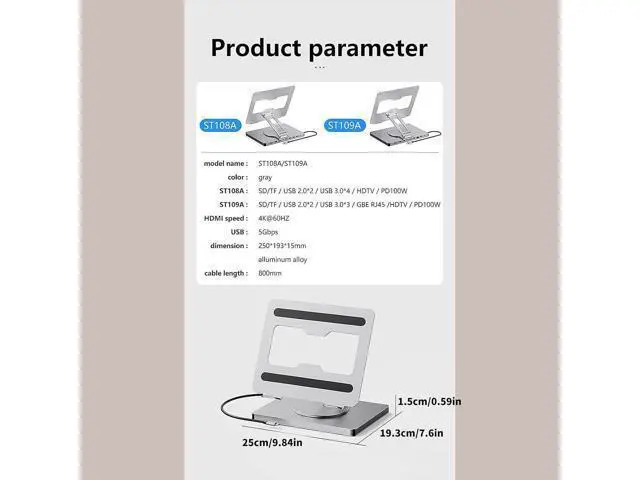 Alt view image 6 of 7 - 10 in 1 Laptop Expansion Adapter with 3 USB3.0 Port 4K60Hz Output Slip Laptop Holder Stand Enhances Stability Rotating Stand