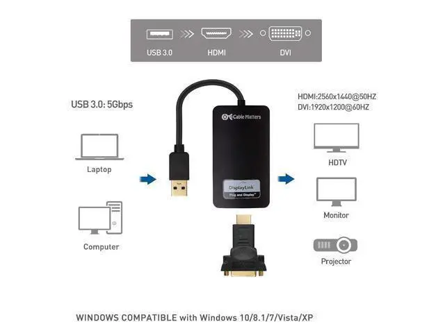 Alt view image 3 of 7 - Cable Matters SuperSpeed USB 3.0 to HDMI Adapter (USB to HDMI Adapter) for Windows in Black & 6 Foot Mini DisplayPort to HDTV Cable