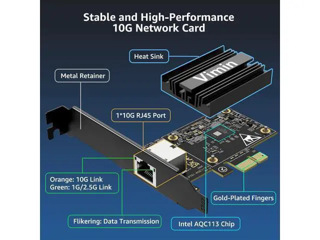Alt view image 6 of 7 - 10G PCIE4.0×1 Network Card, Marvel AQC113 Controller, VIMIN 10Gb Base-T Ethernet Adapter Card Compatible with PCI Express X1,X4,X8,X16, 10G NIC RJ45 Port Support Windows/Windows Server/Linux/VMware