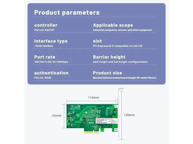 Alt view image 6 of 7 - 10 Gb Network Card with Marvell AQC107 Chip Single Port,PCIE Ethernet Card Network Adapter 1 RJ45 Port LAN Network Adater Controller Support WOLPCIE X4