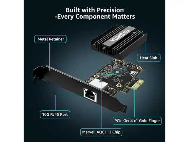 Alt view image 4 of 7 - 10G PCIe Network Card, YuanLey 10G Base-T Ethernet Card with Marvell AQC113 Conrtoller, PCIE to 10Gb RJ45 Ethernet Adapter NIC Compatible with PCI Express X1,X4,X8,X16, for Windows 10/11, Linux OS