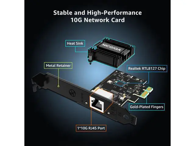 Alt view image 2 of 7 - NICGIGA 10Gb PCIe 4.0 x1 Network Card, Realtek RTL8127 Ethernet Adapter. | 10G/5G/2.5G/1G RJ45 Multi-Gigabit LAN NIC, Support Windows 10/11/Server, Linux, NAS, Low Profile Bracket