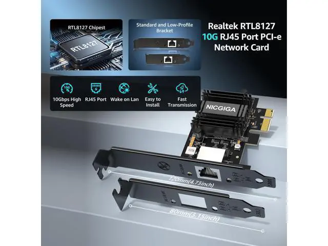 Alt view image 3 of 7 - NICGIGA 10Gb PCIe 4.0 x1 Network Card, Realtek RTL8127 Ethernet Adapter. | 10G/5G/2.5G/1G RJ45 Multi-Gigabit LAN NIC, Support Windows 10/11/Server, Linux, NAS, Low Profile Bracket