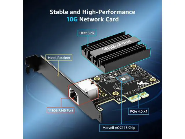Alt view image 3 of 7 - 10Gbe PCI-e4.0 X1 Network Card, Marvell AQC113 Controller, 10G Base-T RJ45 Port NIC, GiGaPlus 100/1000/2500/10000Mbps Ethernet Card, 10Gb Ethernet Adapter Support Windows10/11/Windows Server/Linux