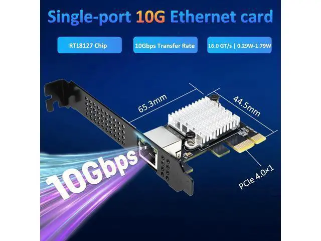 Alt view image 2 of 7 - 10G PCIe Network Card with Single Port PCIe 4.0 X1 RJ45,10 Gigabit Ethernet Adapter with Realtek8127(PXE) Multi-Gigabit Network Speeds 10G/5G/2.5G/1Gbps for Servers PCs Windows Linux