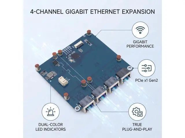 Alt view image 5 of 7 - Jiawu Network Card, 4 Port PCIE x1 Gigabit Base, RTL8153 Chip 1000Mbps PCIe Express Ethernet Adapter with RJ45 Port, LED Indicator, Support for RasPi 5, Driver Free, Plug and Play