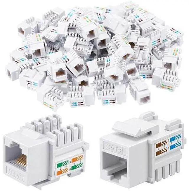 Main image of Hoteam 125 Pcs Cat6 Keystone Jacks, Rj45 Ethernet Modular Coupler Punch Down Insert, 90-Degree UTP Connector for Wall Plate, Panel and Surface Mount Box (White)