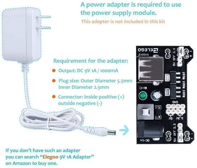 Alt view image 3 of 6 - ELEGOO Electronic Fun Kit and 9V 1A Adapter Bundle, for Breadboard Circuits, Learning Experiments and Compatible 9V Power Projects