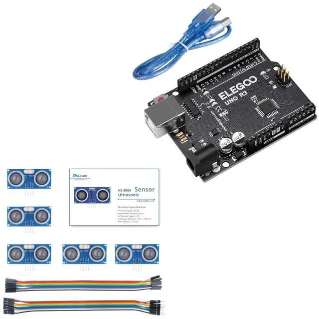 Main image of ELEGOO UNO R3 CH340C Board and 5PCS Ultrasonic Sensors, for Sensors, Smart Devices, Robotics, STEM Learning and DIY Electronics