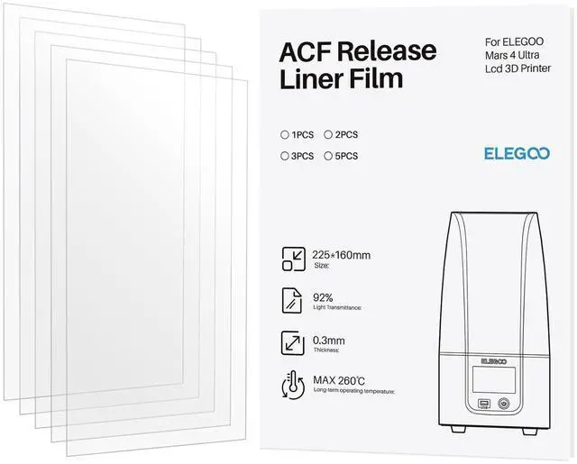 Main image of ELEGOO 5PCS ACF Release Liner Film for Mars 4 Ultra LCD 3D Printer with Less Release Tension, Support 3X Faster Printing, 225x160mm, 0.3mm Thickness