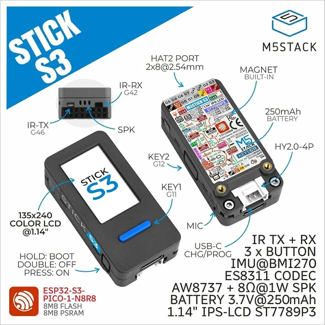 Alt view image 2 of 7 - M5Stack Official M5StickS3 ESP32S3 Mini loT Development Kit