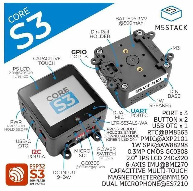 Alt view image 3 of 7 - M5Stack CoreS3 ESP32S3 IoT Develpment Kit