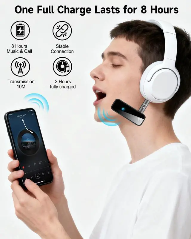 Alt view image 7 of 7 - 2 In 1 Bluetooth 5.4 Transmitter and Receiver, 3.5mm AUX Jacks RCA Aircraft Airplane Stereo Wireless Audio Wdapter for TV, PC, Car, Speaker, Amplifier, for AirPods/Headphone, Travel Flight Airline Gym
