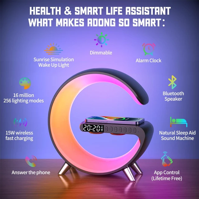Alt view image 2 of 7 - 4 In 1 Smart LED Table Lamp, Alarm Clock, Wireless Charger, Night Light, Bluetooth Speaker with App Control, Bedside Lamp for Bedroom, Office, Home Decor, Family, Girls Boys Birthday Festival Gifts