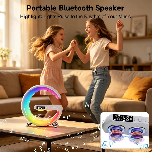 Alt view image 7 of 7 - 4 In 1 Smart LED Table Lamp, Alarm Clock, Wireless Charger, Night Light, Bluetooth Speaker with App Control, Bedside Lamp for Bedroom, Office, Home Decor, Family, Girls Boys Birthday Festival Gifts
