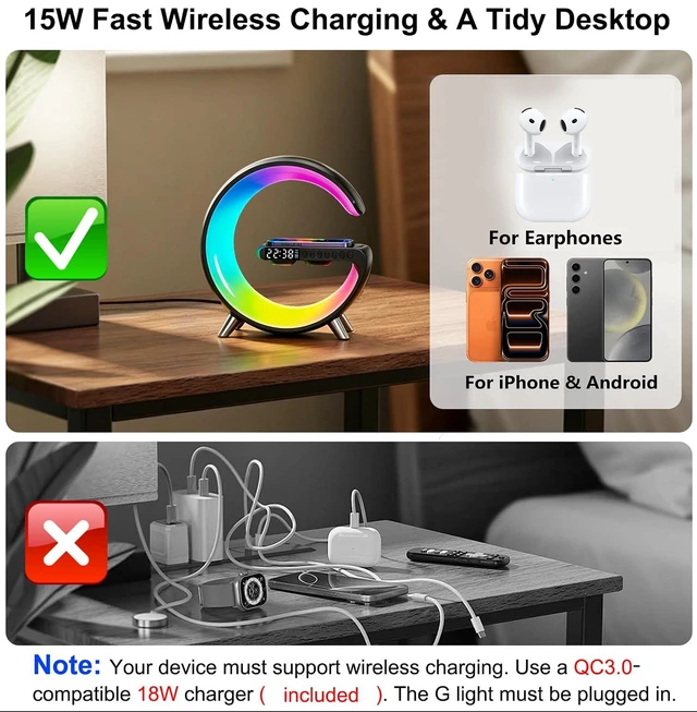 Alt view image 6 of 7 - 4 In 1 Smart LED Table Lamp, Alarm Clock, Wireless Charger, Night Light, Bluetooth Speaker with App Control, Bedside Lamp for Bedroom, Office, Home Decor, Family, Girls Boys Birthday Festival Gifts