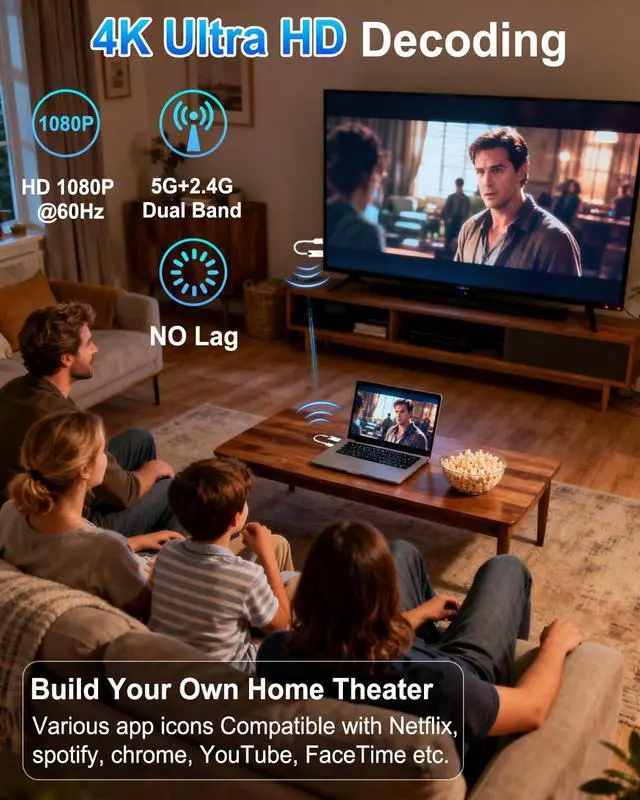 Alt view image 3 of 7 - 2026 Upgrade Wireless HDMI Transmitter and Receiver 328FT/100M, 4K Decode 1080P@60Hz Ultra HD Extender Kit Display Adapter, Plug & Play 5G+2.4G for Video/Audio to Monitor from TV Box/Laptop/Projector