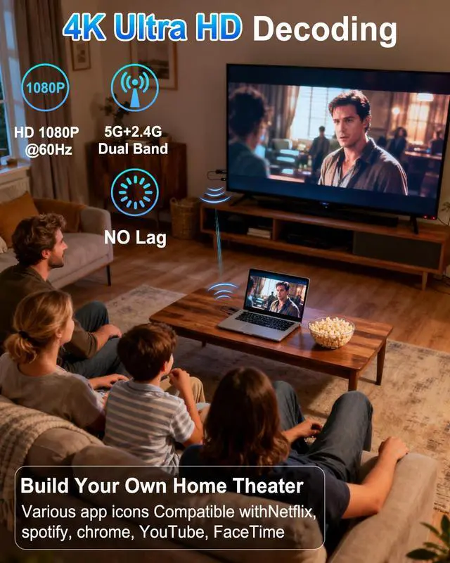Alt view image 3 of 7 - 2026 Upgrade Wireless HDMI Transmitter and Receiver 328FT/100M, 4K Decode 1080P@60Hz Ultra HD Extender Kit Display Adapter, Plug & Play 5G+2.4G for Video/Audio to Monitor from TV Box/Laptop/Projector